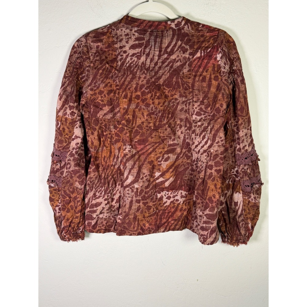 Pilcro Anthropologie Animal Print Pintuck Cotton Blouse XS Brown Earthy Boho - Picture 2 of 8